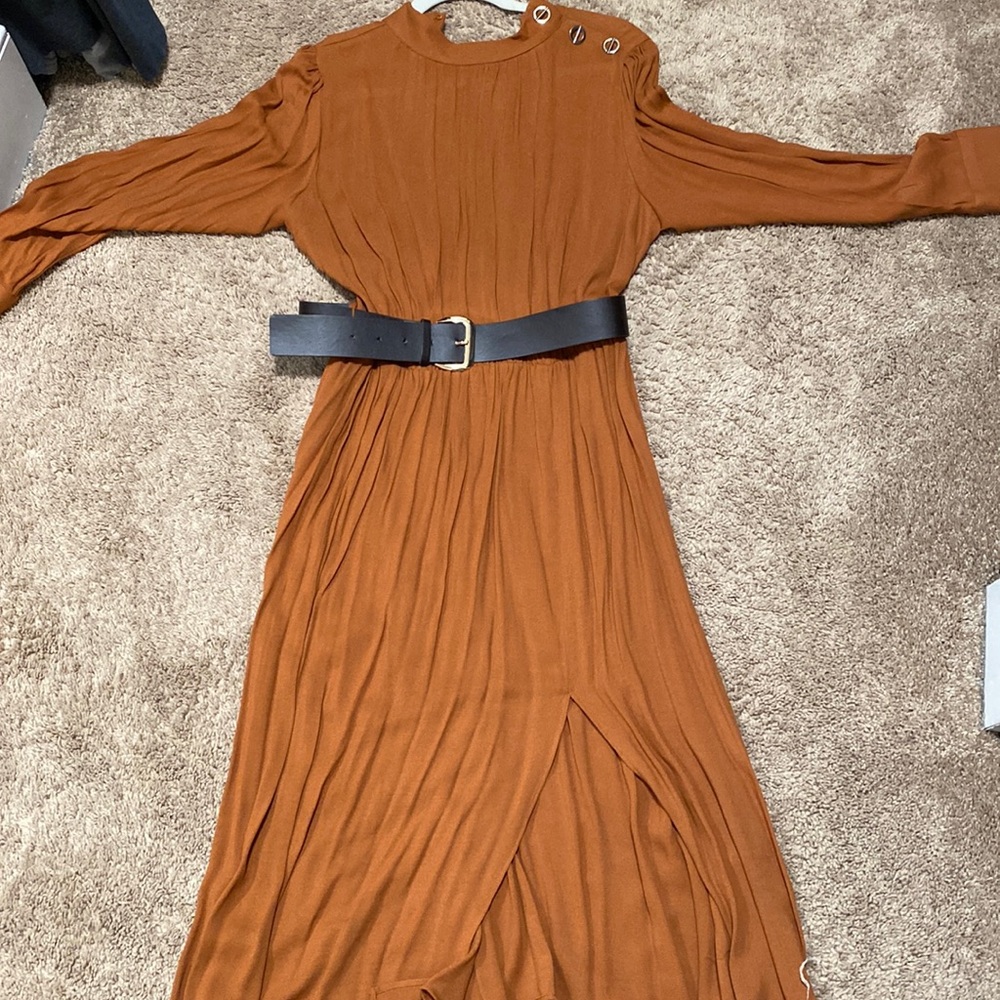 Zara orange midi dress with brown belt